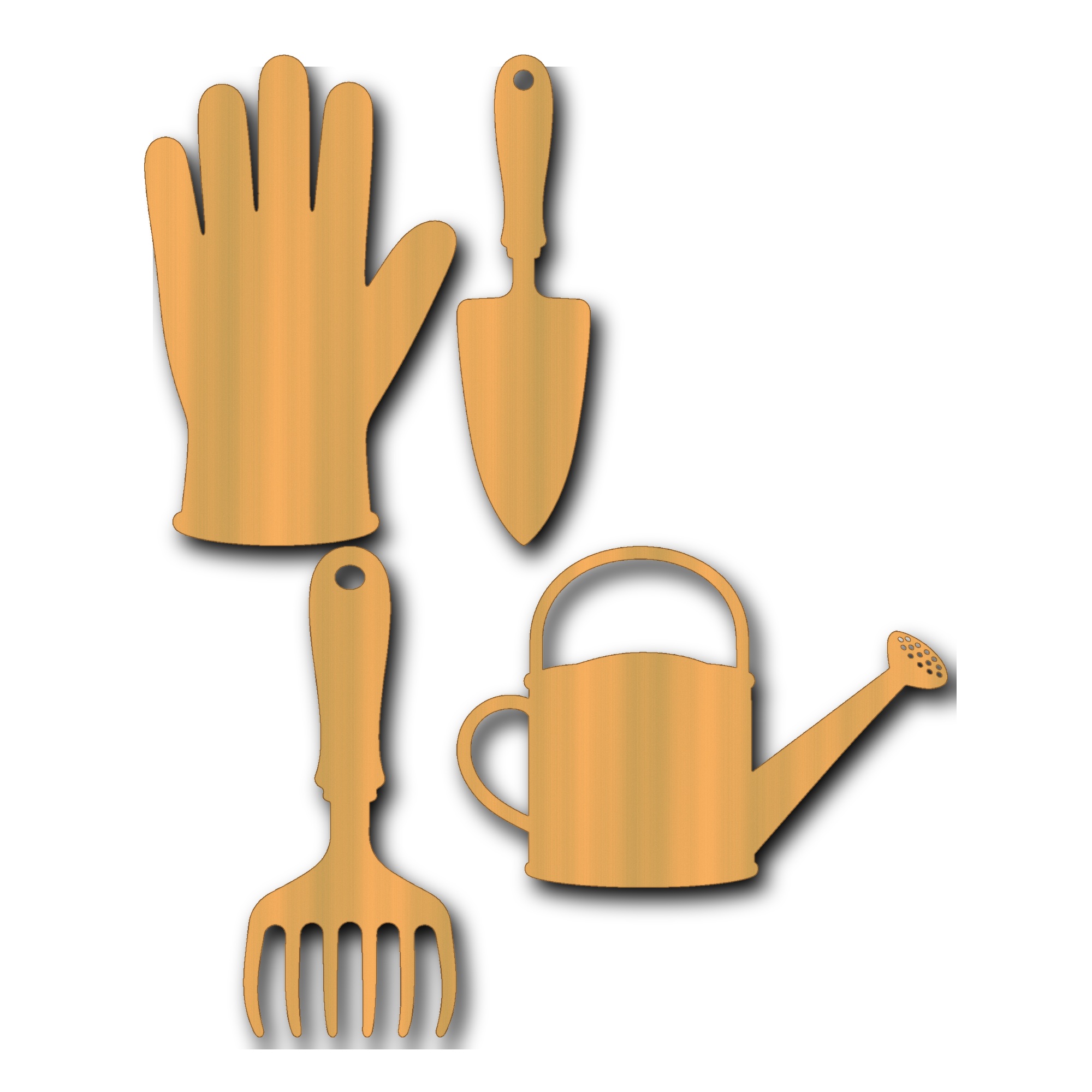 Garden glove, garden trowel, hand rake, and watering can laser cut wood shapes arranged on a craft table